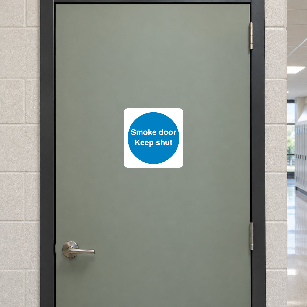 Safety sign sticker with blue circle text: “Smoke door, Keep shut”