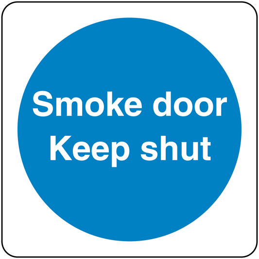 Safety sign sticker with blue circle and white text: "Smoke door Keep shut"
