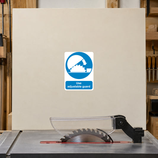 Safety sign sticker with blue circle icon and 'Use adjustable guard' text