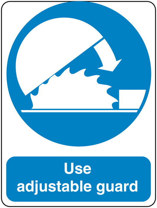 Safety sign sticker with blue arrow and text: Use adjustable guard