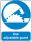 Safety sign sticker with blue arrow and text: Use adjustable guard