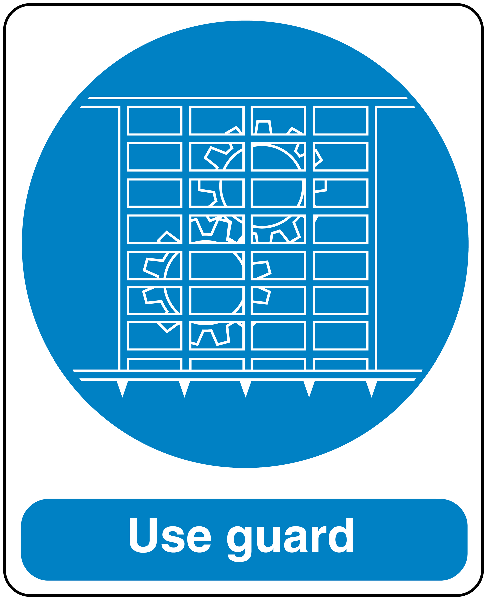 Safety sign sticker: blue circular design with 'Use guard' and warning guard icon