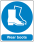 Safety sign sticker with blue circle, white boots icon, and text "Wear boots"