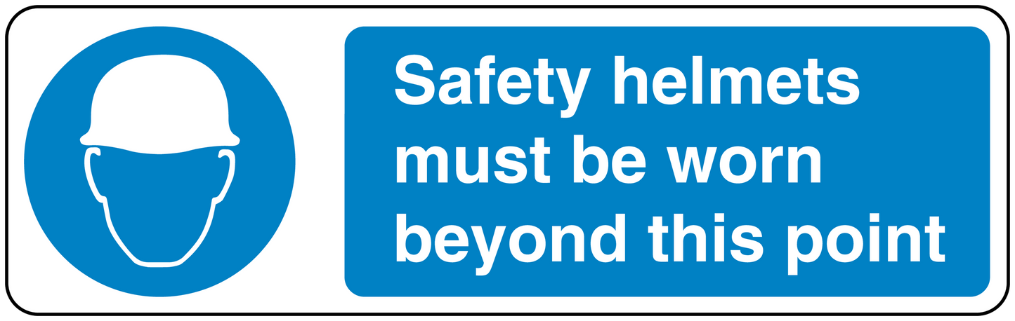 Safety sign sticker showing a helmet icon and text: Safety helmets must be worn beyond this point