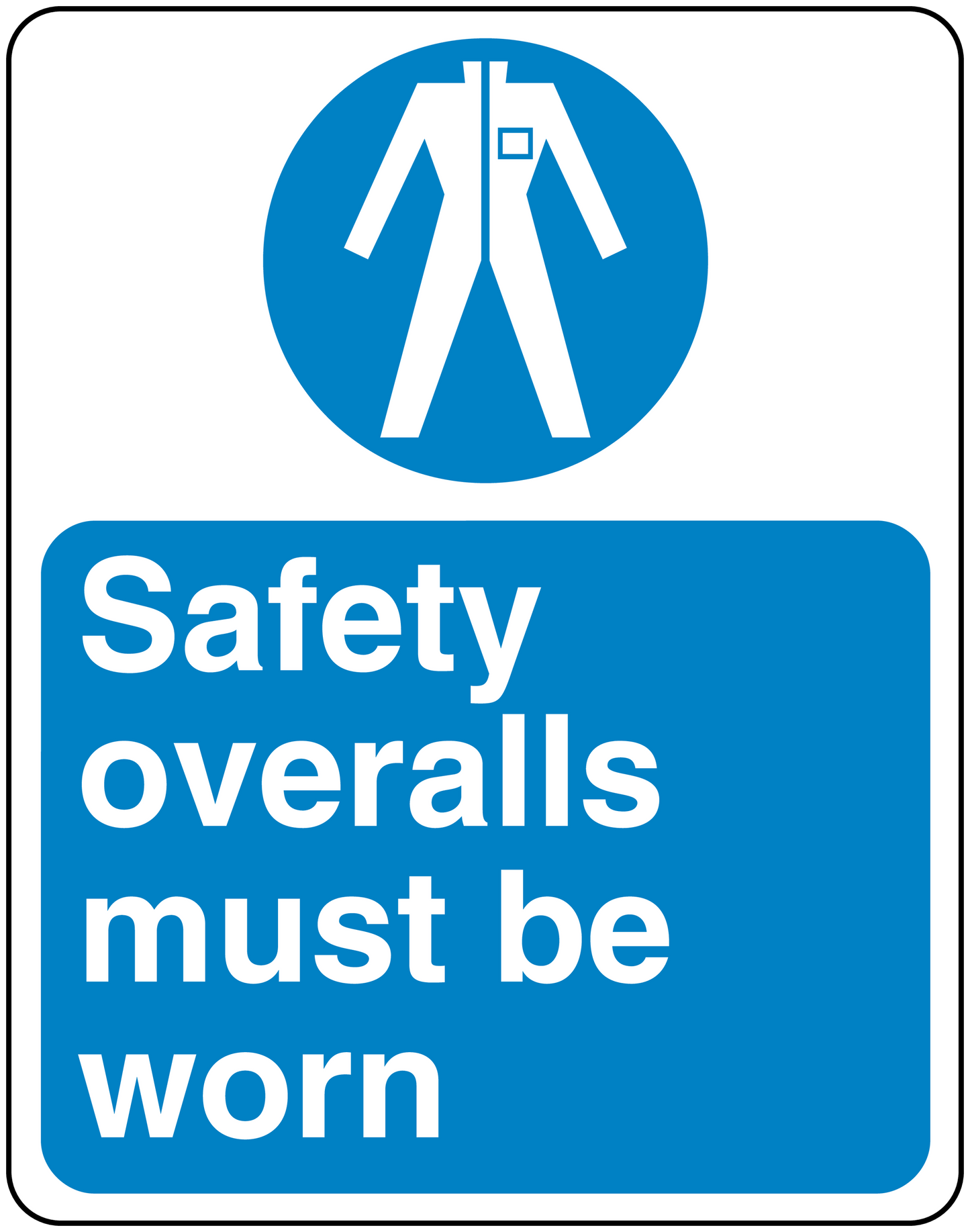 Safety sign sticker with blue icon and text: Safety overalls must be worn