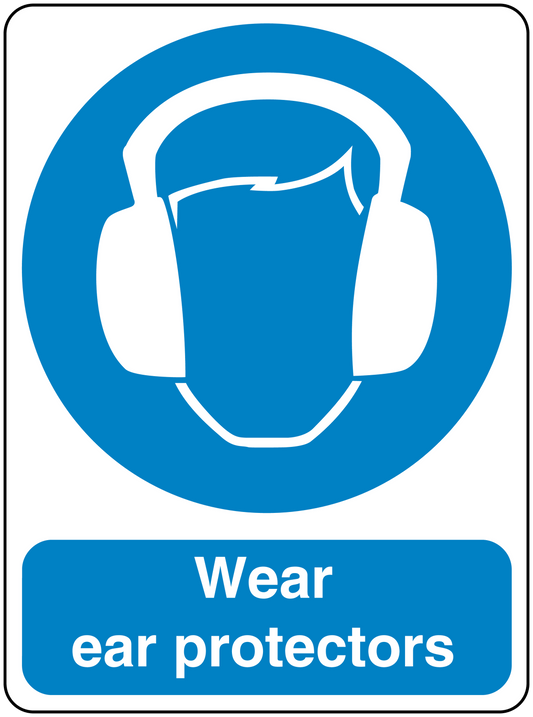 Safety sign sticker: wear ear protectors with ear-protector icon