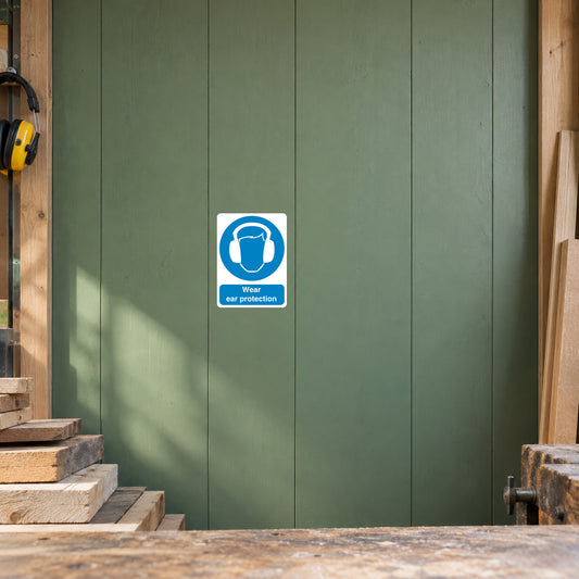Safety sign sticker with blue ear protection icon