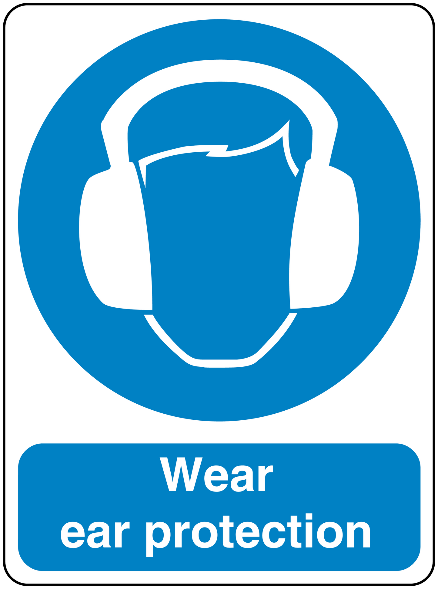 Safety sign sticker with white ear protection icon and text: Wear ear protection