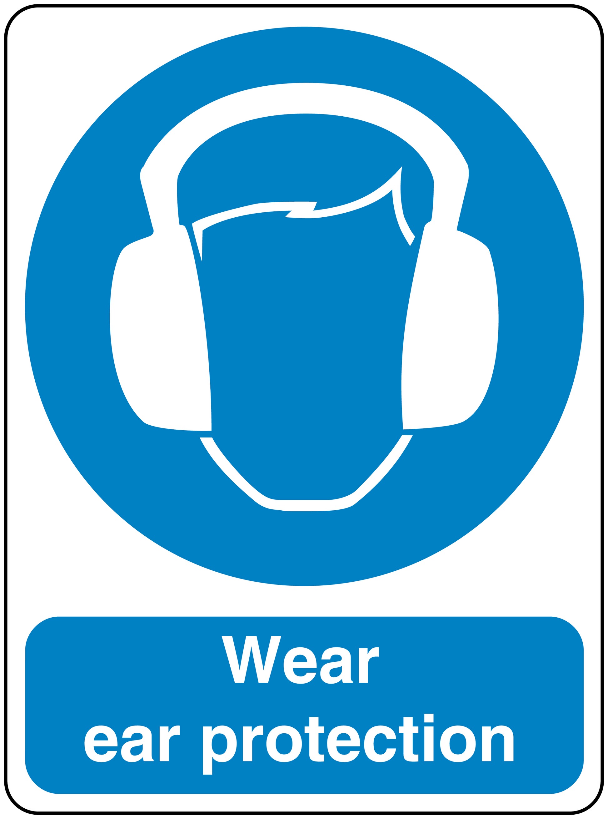 Safety sign sticker with white ear protection icon and text: Wear ear protection