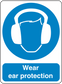 Safety sign sticker with white ear protection icon and text: Wear ear protection