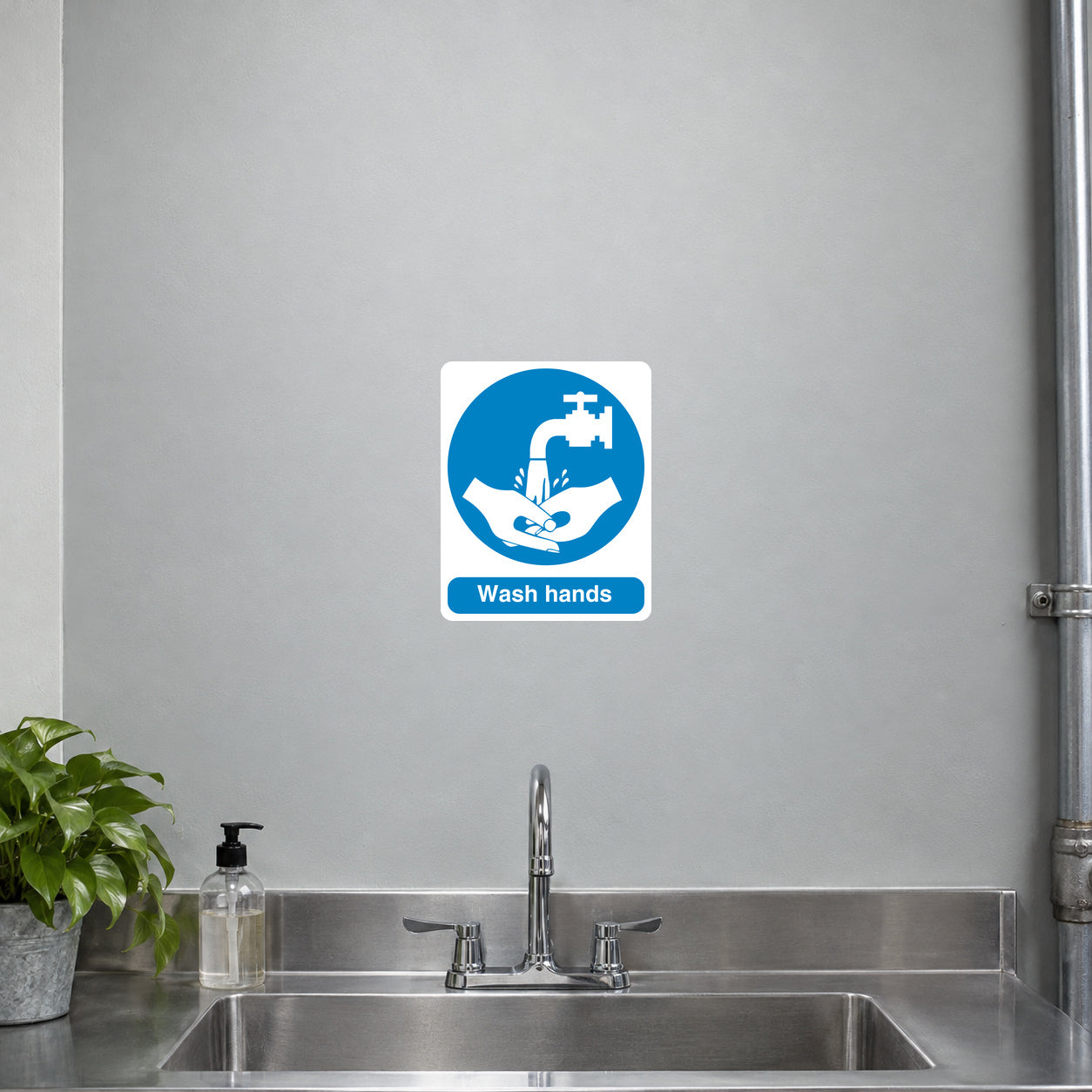 Wash hands safety sign sticker with blue handwashing icon and white background
