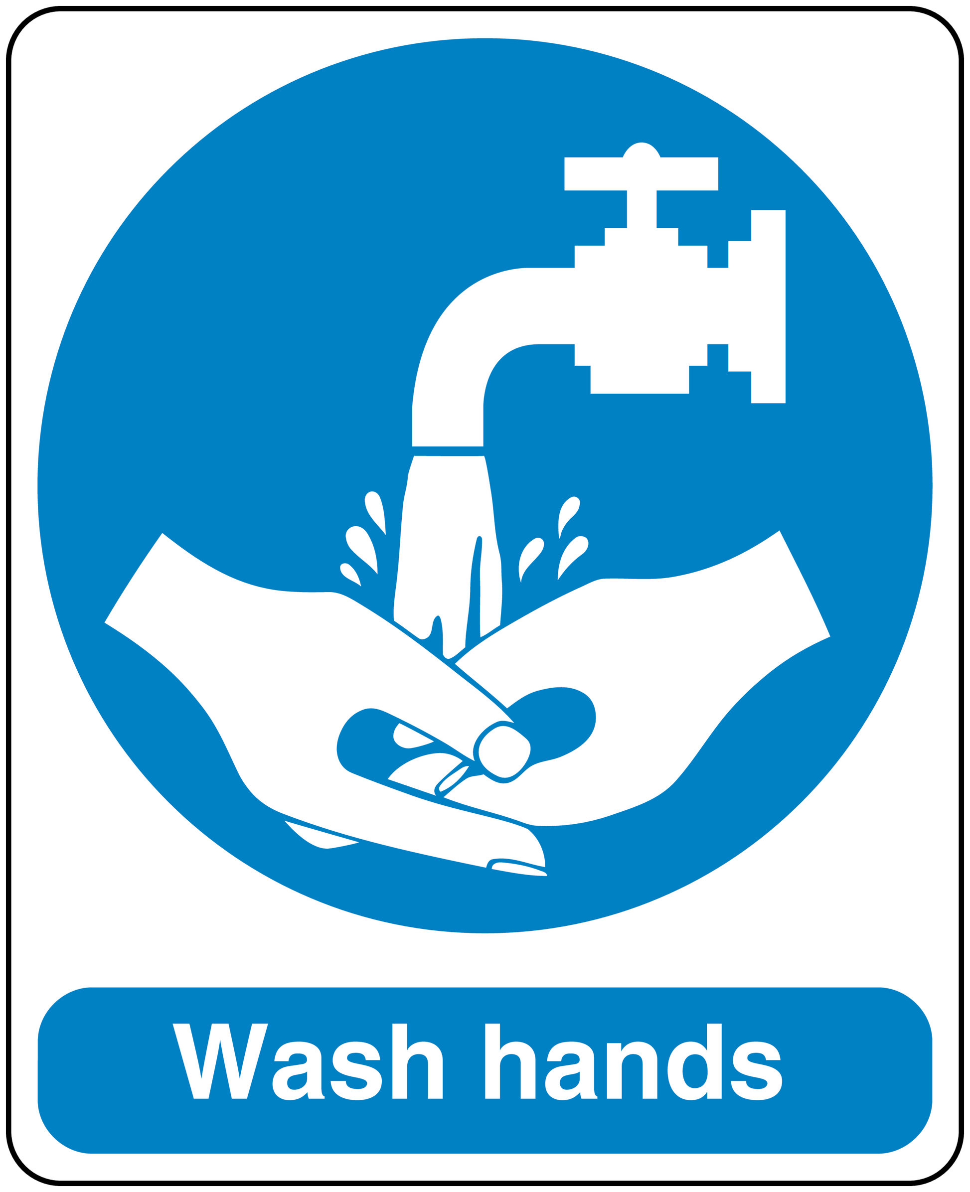 Wash hands safety sign sticker with blue circular handwashing symbol and white text