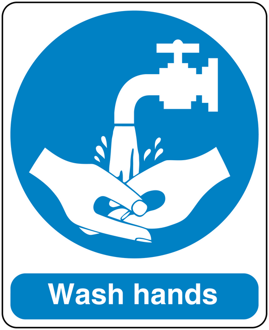 Wash hands safety sign sticker with blue circular handwashing symbol and white text