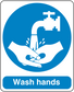 Wash hands safety sign sticker with blue circular handwashing symbol and white text