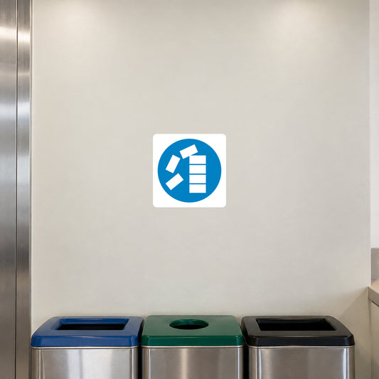 Square safety sign sticker with blue circular icon and white arrow/hand symbol