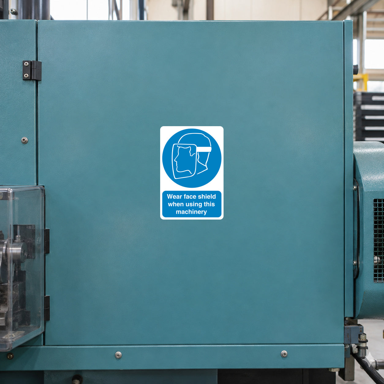 Safety sign sticker with blue face-shield icon and warning text