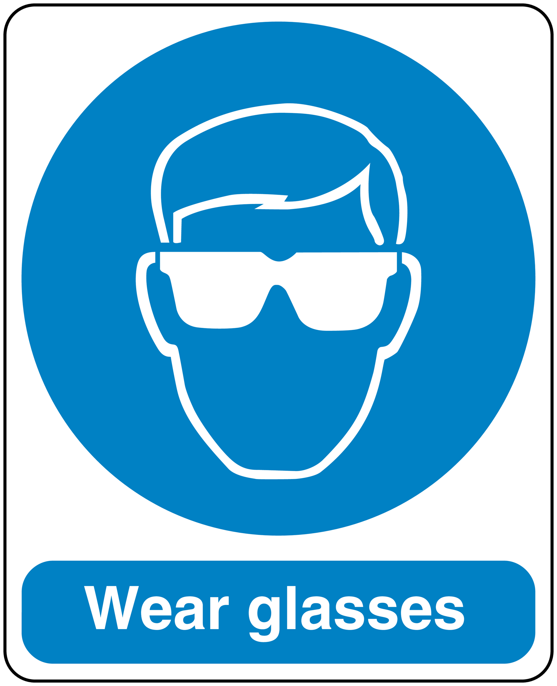 Safety sign sticker: blue circle with face wearing glasses, text 'Wear glasses'.