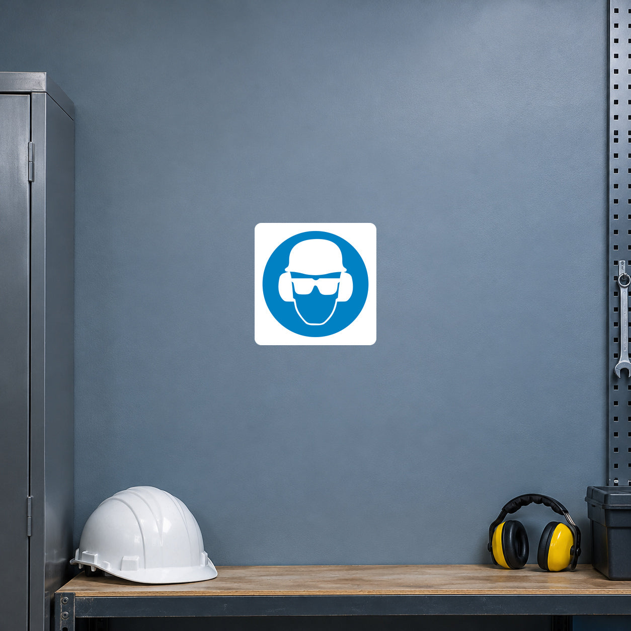 Safety sign sticker with blue ear protection icon on white square