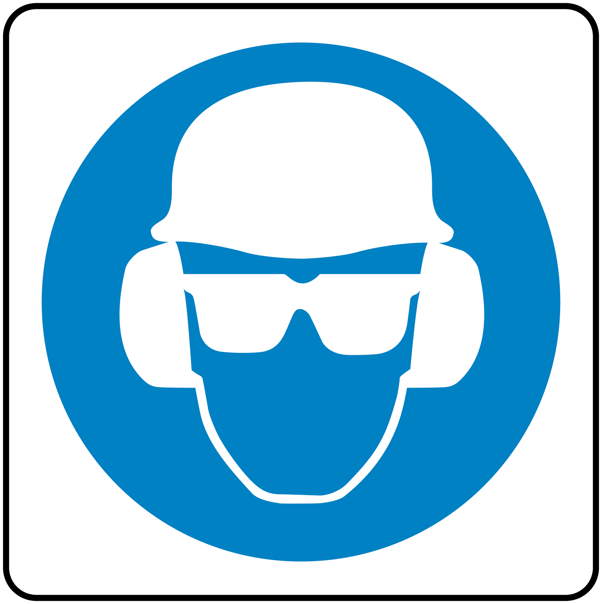 Safety sign sticker with white helmet and goggles on blue circle