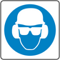 Safety sign sticker with white helmet and goggles on blue circle