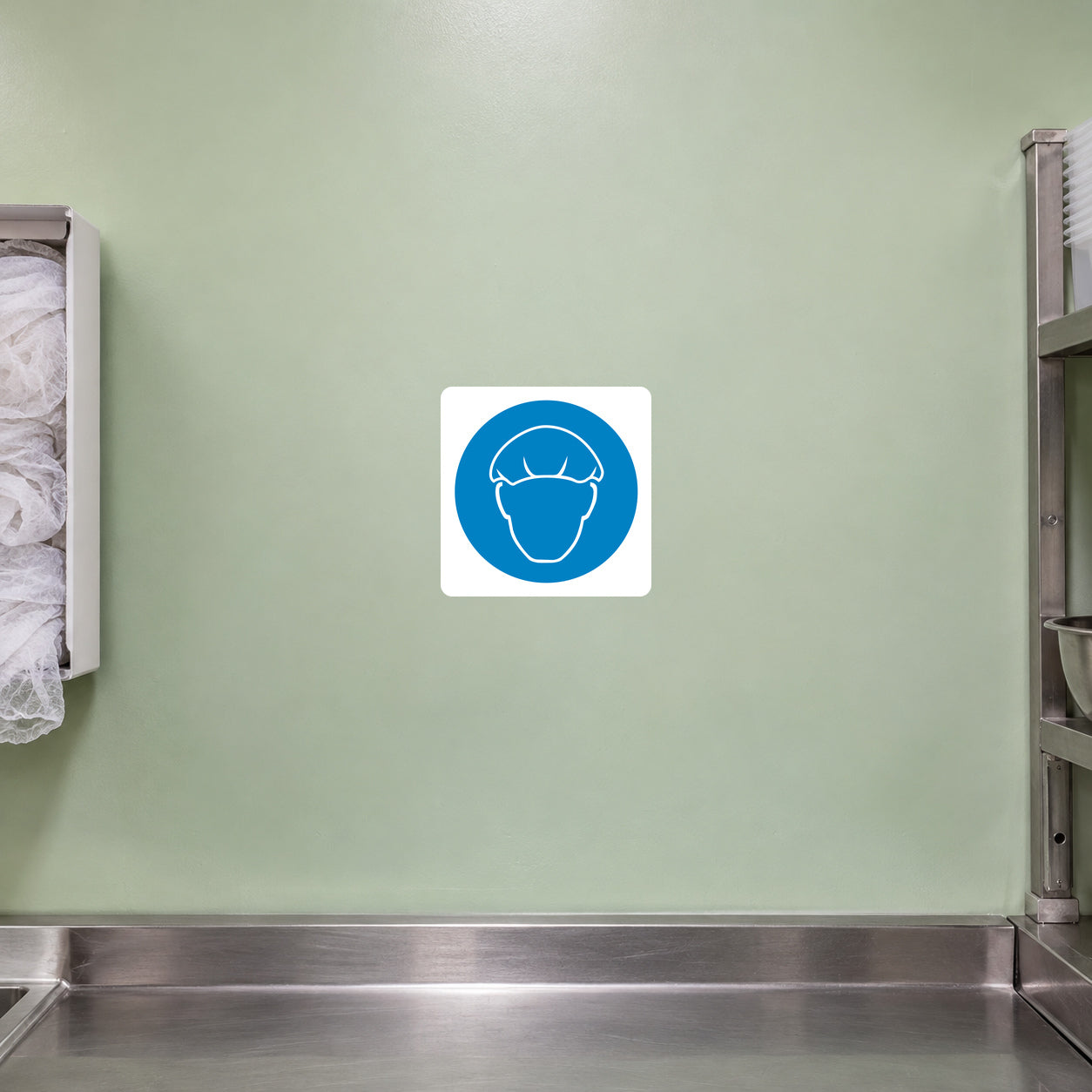 Square safety sign sticker with blue circle and white face mask icon