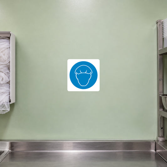Square safety sign sticker with blue circle and white face mask icon