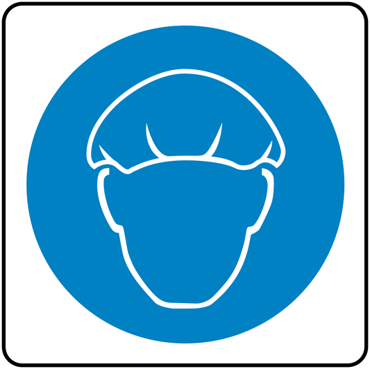Safety sign sticker with blue circular respirator mask icon in white outline