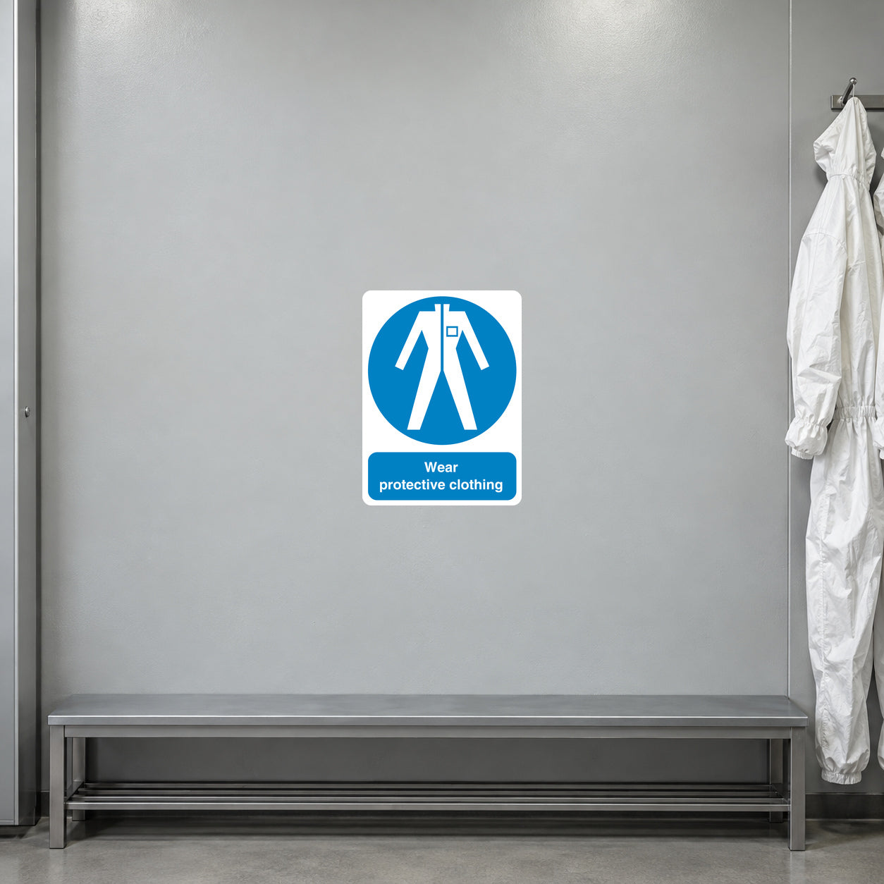 Safety warning sticker with blue border and white text 'Wear protective clothing' and icon