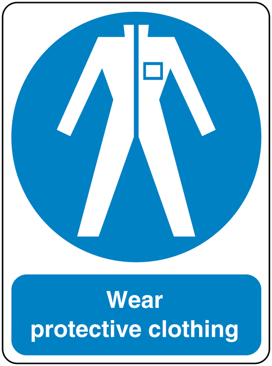 Safety sign sticker: circular PPE icon, 'Wear protective clothing' text.