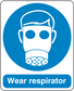 Safety sign sticker with respirator icon and 'Wear respirator'.