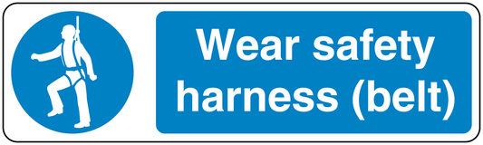 Safety sign sticker with blue icon and text: Wear safety harness (belt)