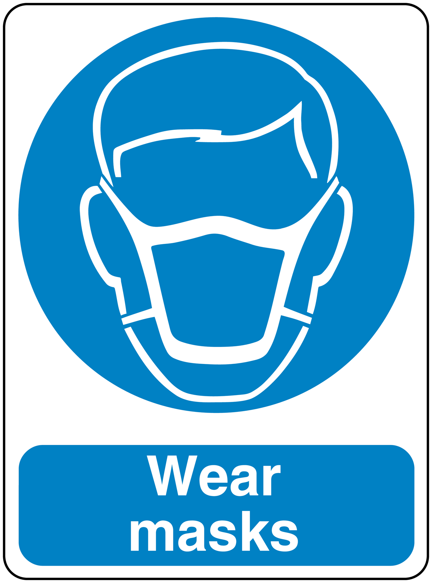Safety sign sticker with blue mask icon and text "Wear masks".