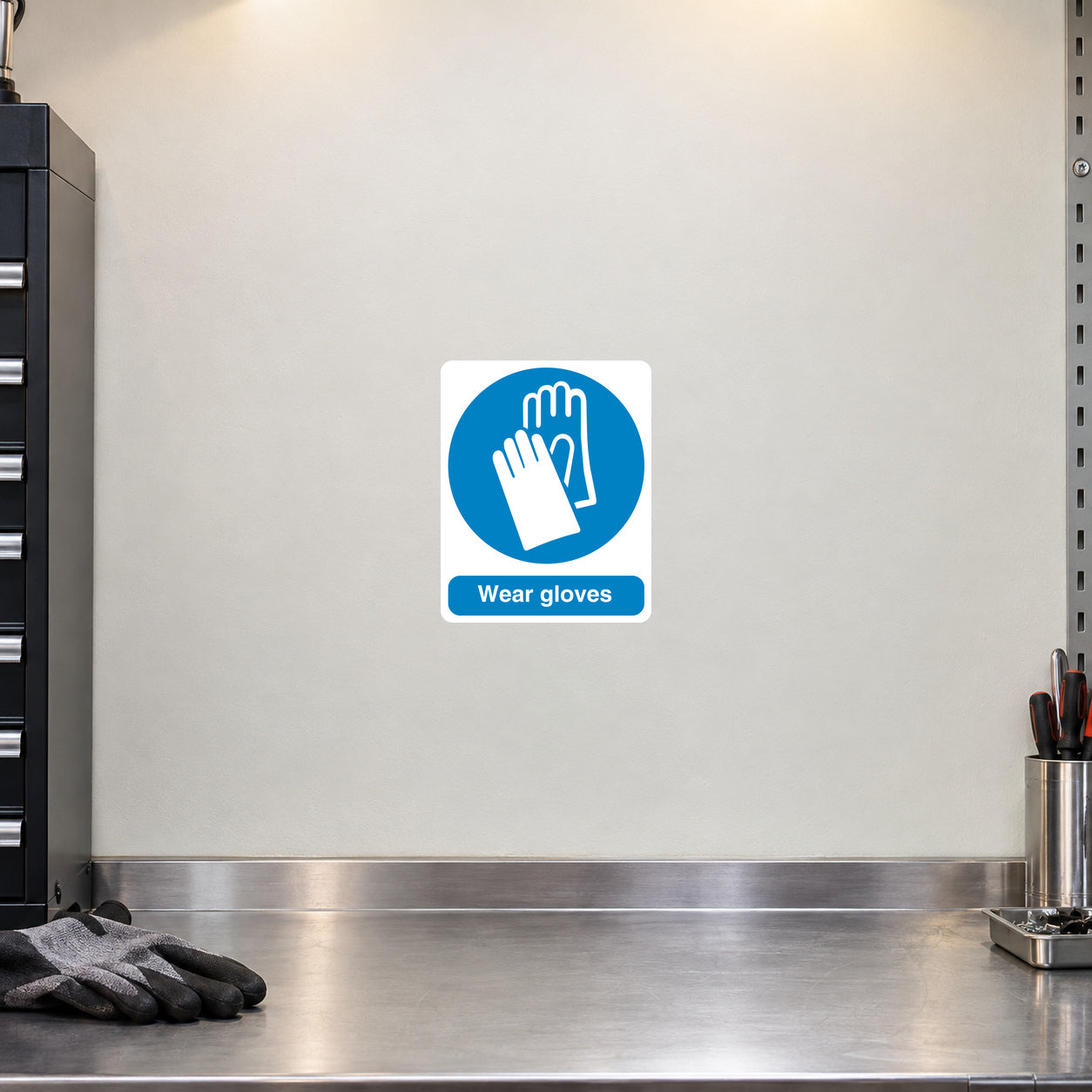 Wear gloves safety sign sticker with blue gloved hand icon and “Wear gloves” text