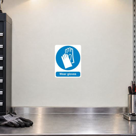 Wear gloves safety sign sticker with blue gloved hand icon and “Wear gloves” text