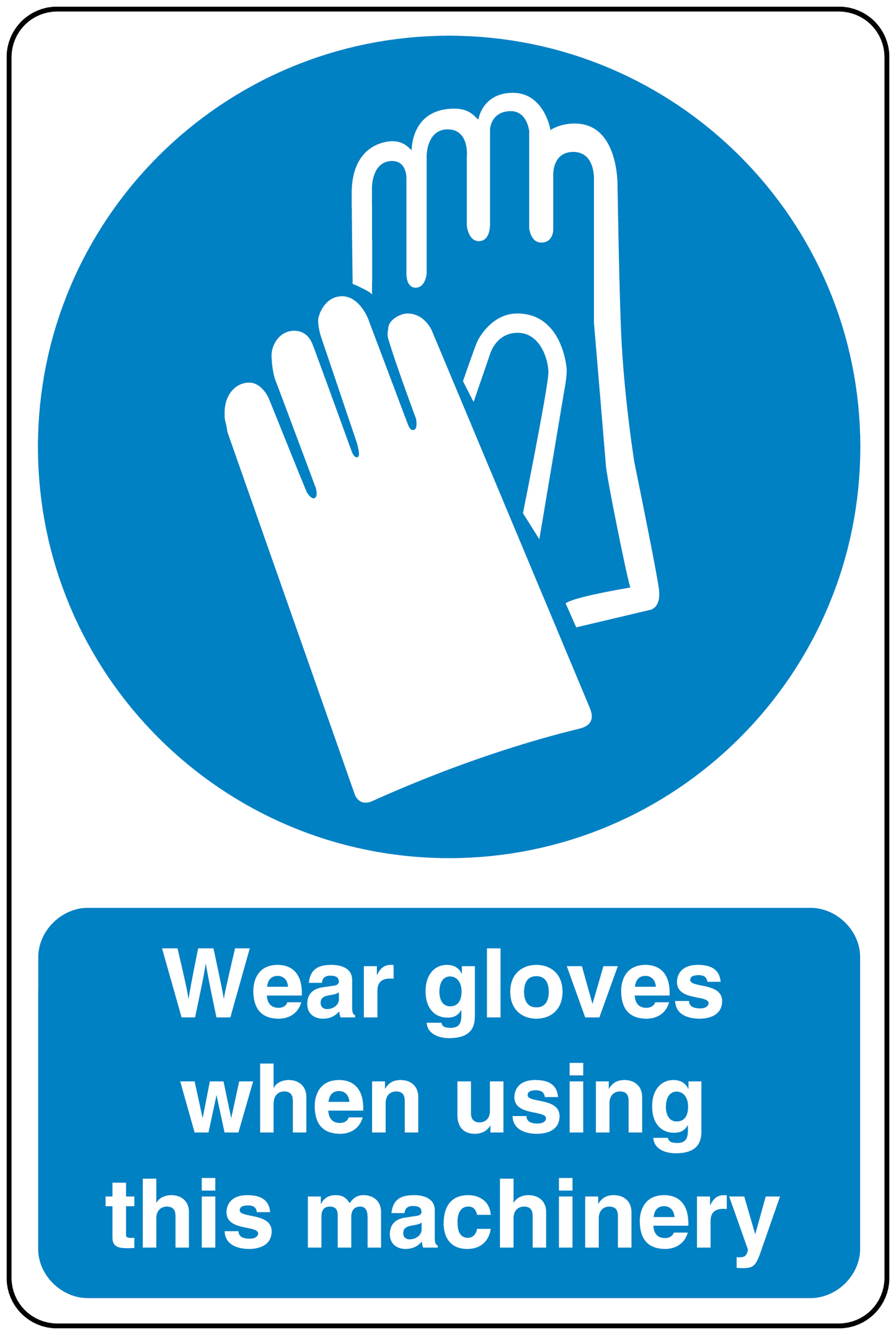 Safety sign sticker with blue hands icon and text: Wear gloves when using this machinery