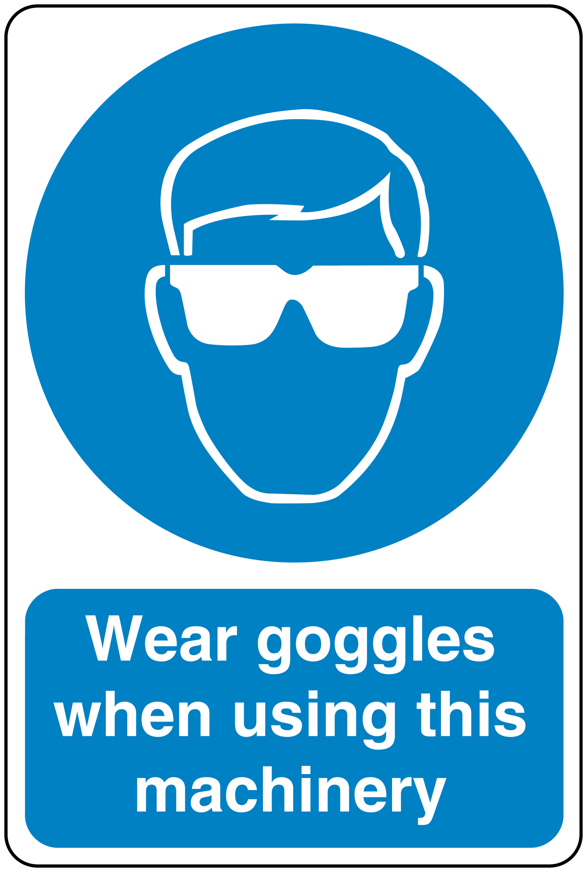 Safety sign sticker with goggles icon and warning text about using machinery.