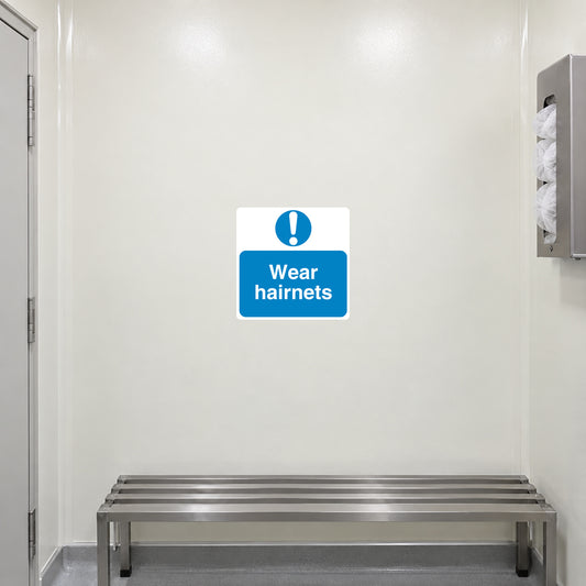 Safety sign sticker with blue icon and text 'Wear hairnets'