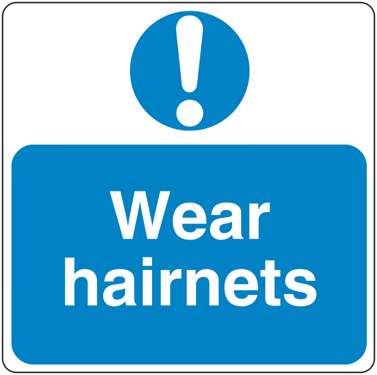 Safety sign sticker: blue with white Wear hairnets and exclamation icon