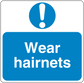 Safety sign sticker: blue with white Wear hairnets and exclamation icon