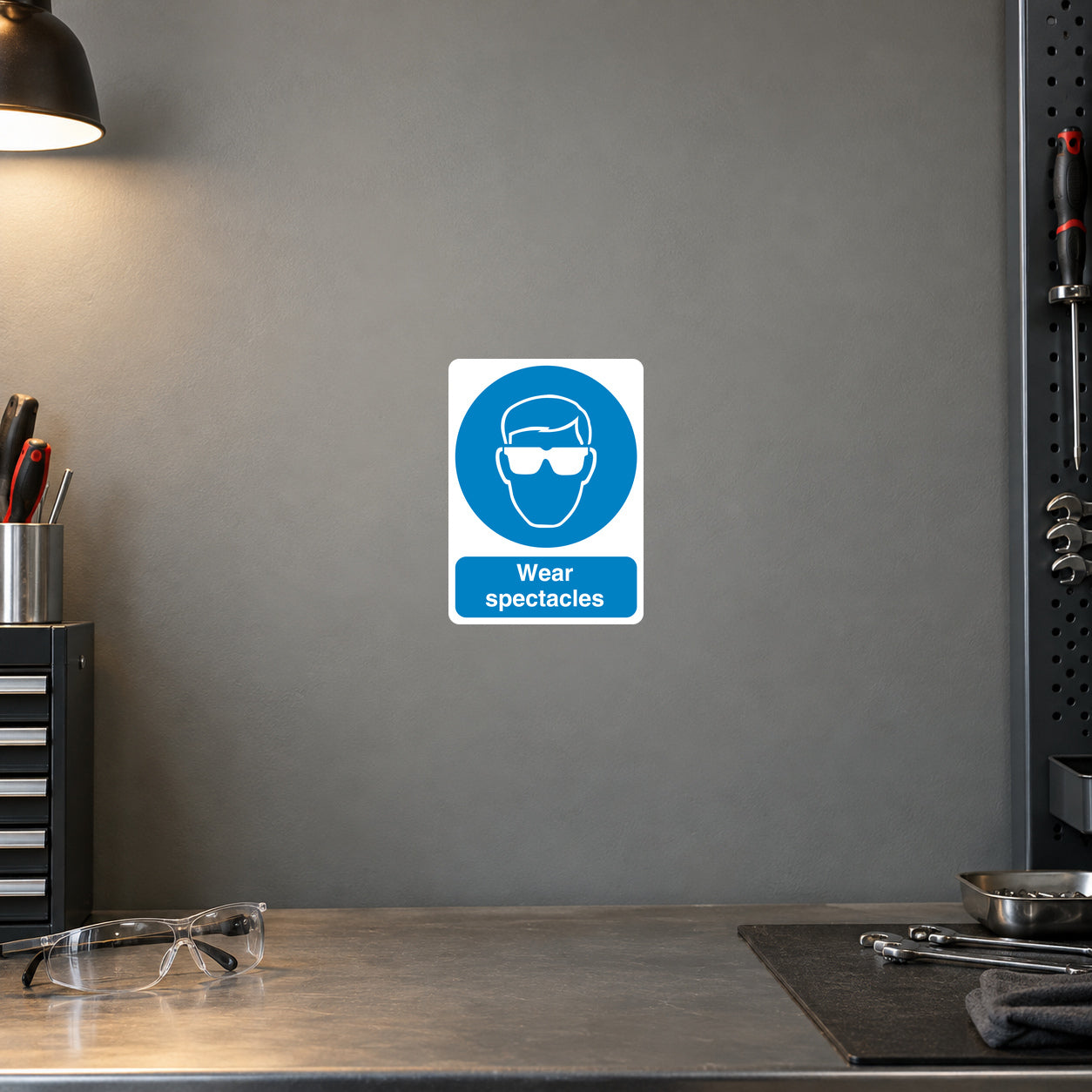 Safety Sign Sticker applied in Smooth warm grey precision engineering workshop wall, clear safety spectacles on worktop below y86%, tool rack edge far right