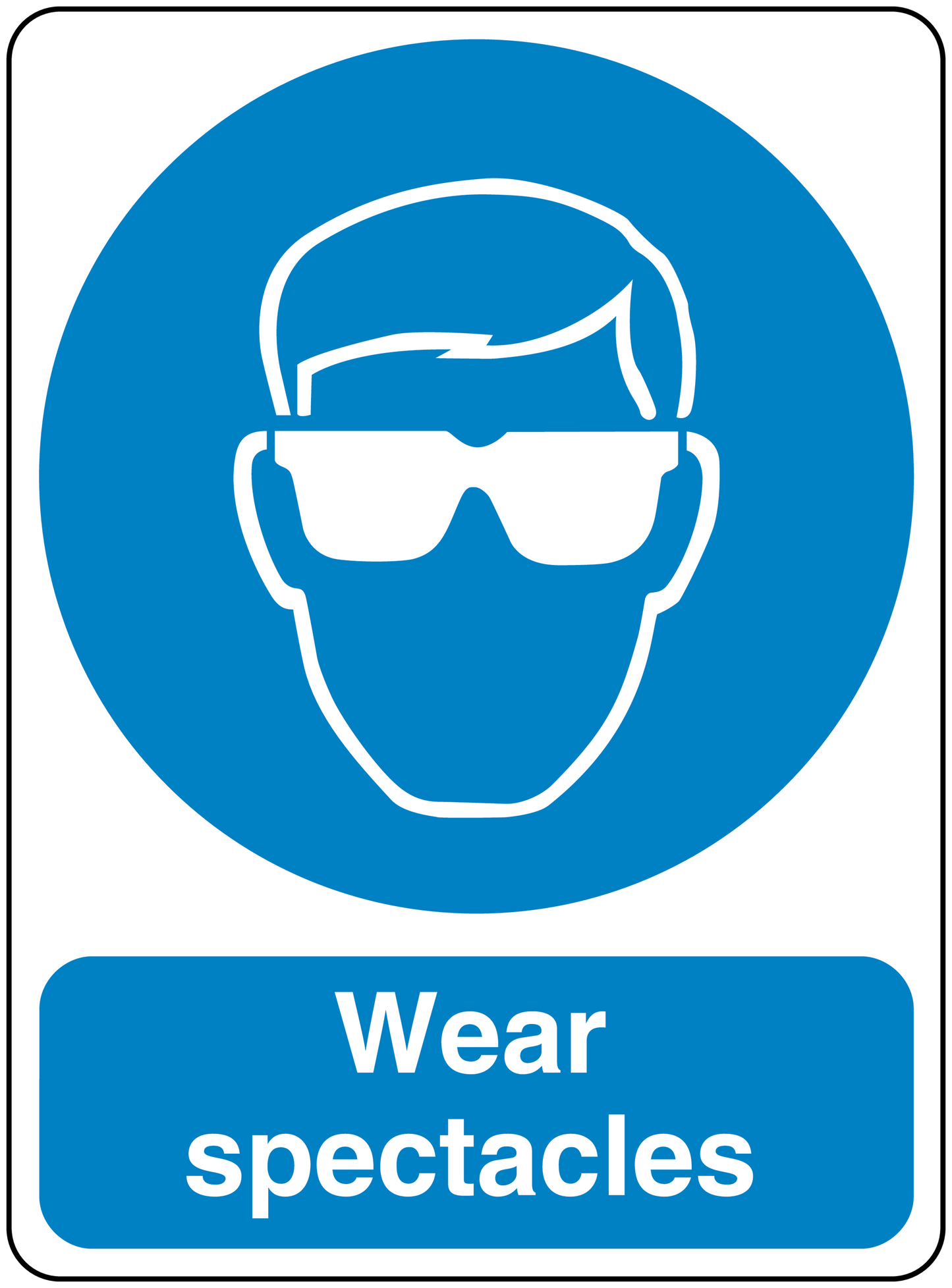 Safety sign sticker with blue circle and white goggles icon, text 'Wear spectacles'