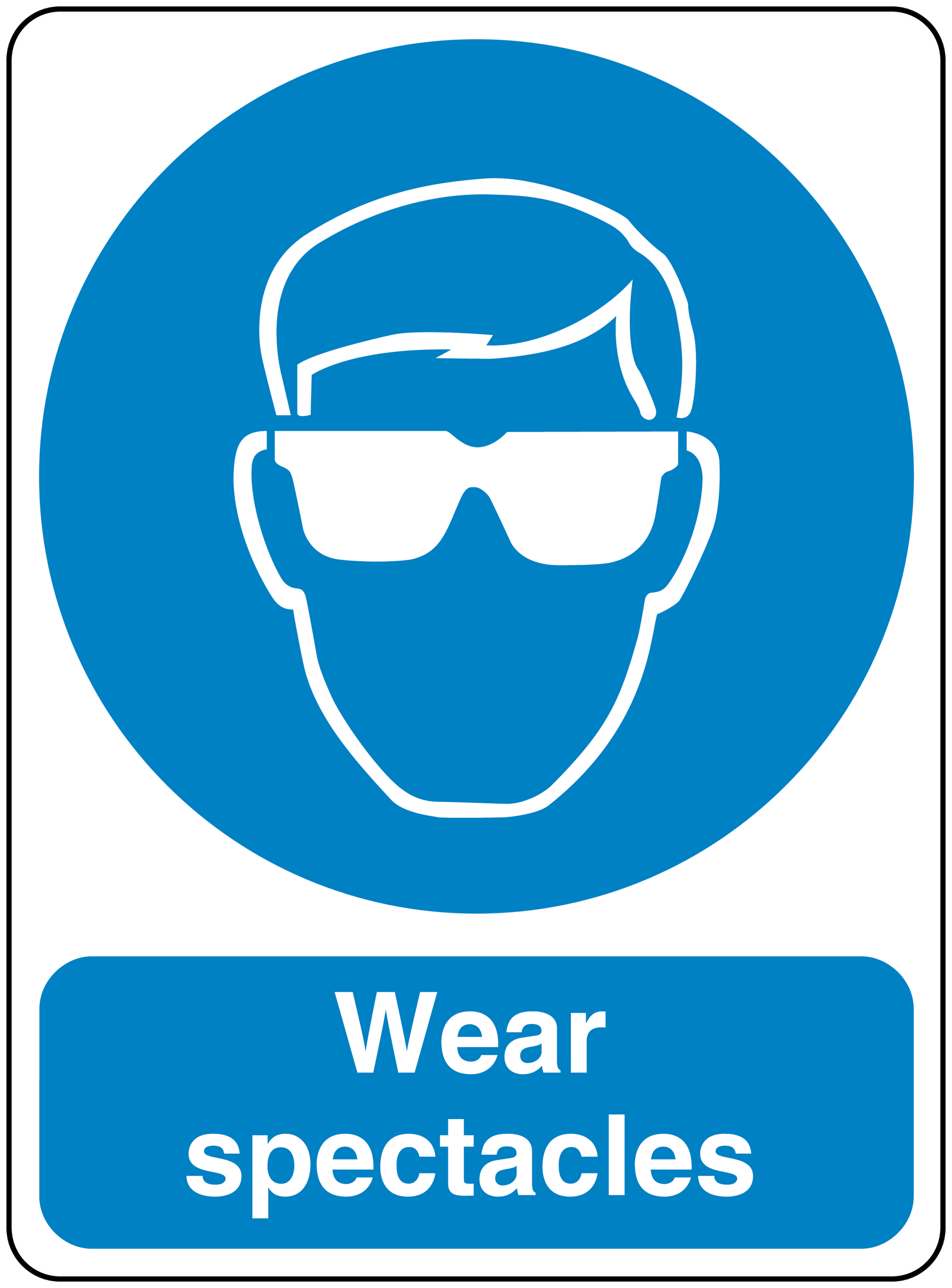 Safety sign sticker with blue circle and white goggles icon, text 'Wear spectacles'