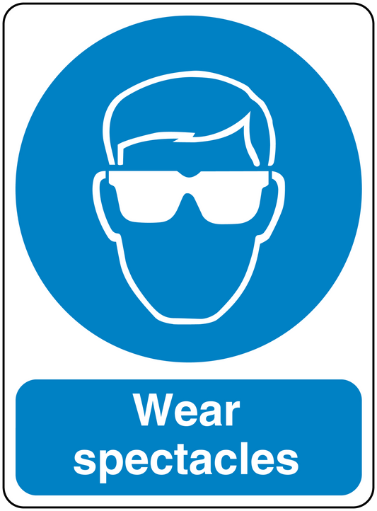 Safety sign sticker with blue circle and white goggles icon, text 'Wear spectacles'