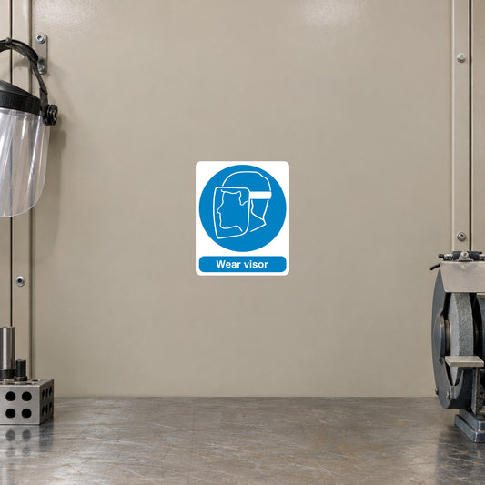 Safety sign sticker with blue visor icon and text 'Wear visor'