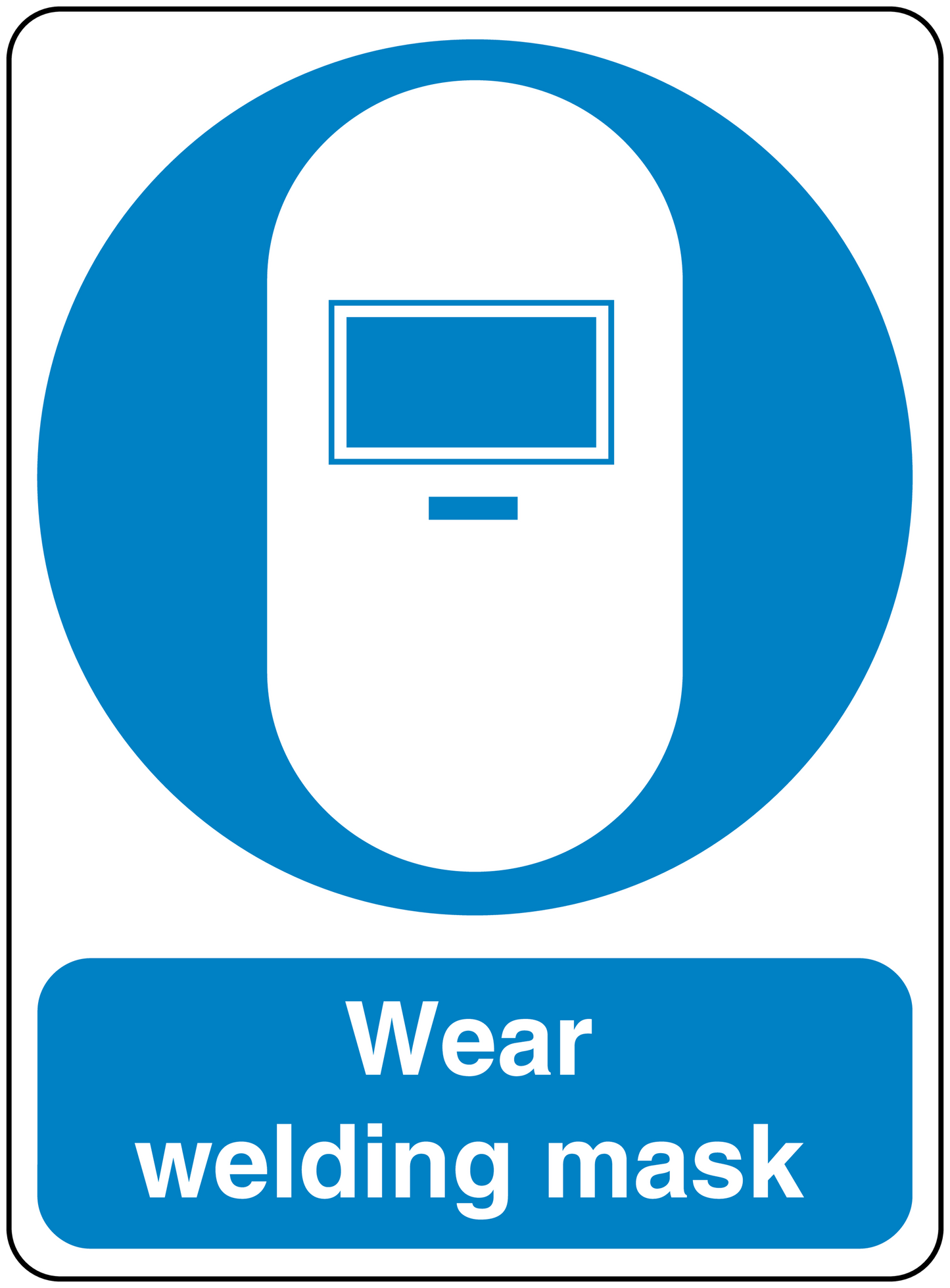 Safety sign sticker: blue circular icon with computer display, text “Wear welding mask”