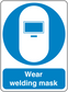 Safety sign sticker: blue circular icon with computer display, text “Wear welding mask”