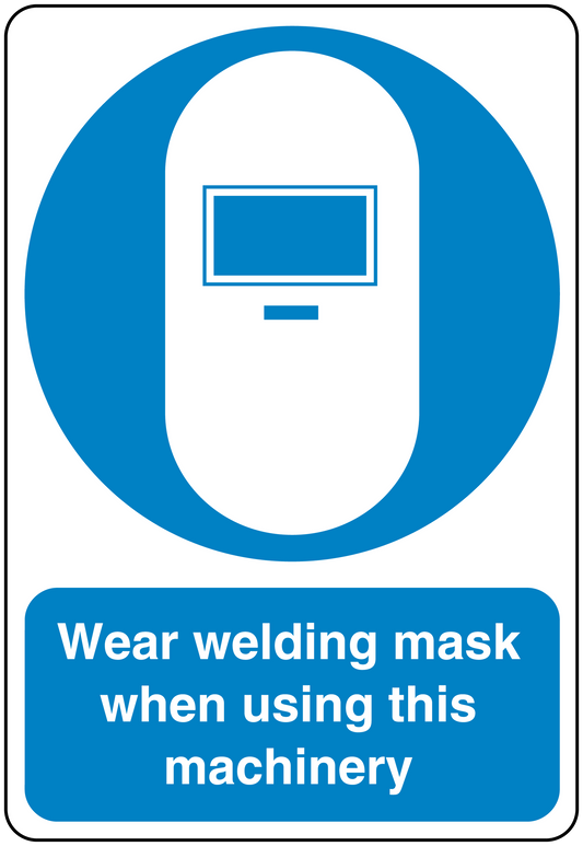 Safety sign sticker: blue welding-mask icon and text “Wear welding mask when using this machinery”