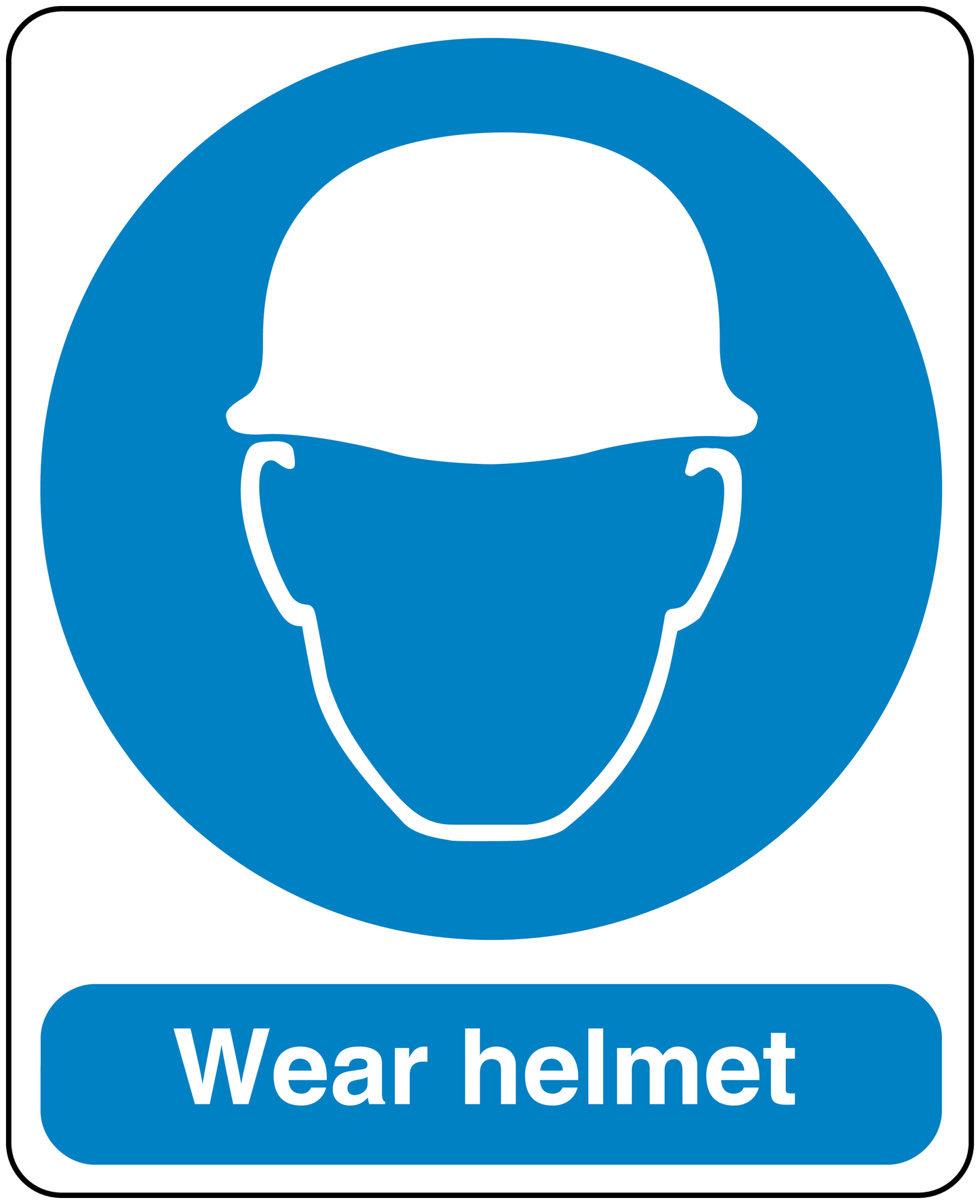 Safety sign sticker with blue circle and white helmet icon, text 'Wear helmet'.