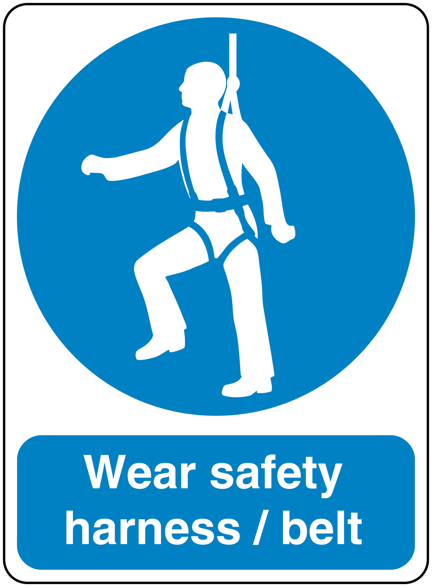 Safety sign sticker: worker icon with text 'Wear safety harness / belt'.