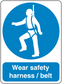Safety sign sticker: worker icon with text 'Wear safety harness / belt'.